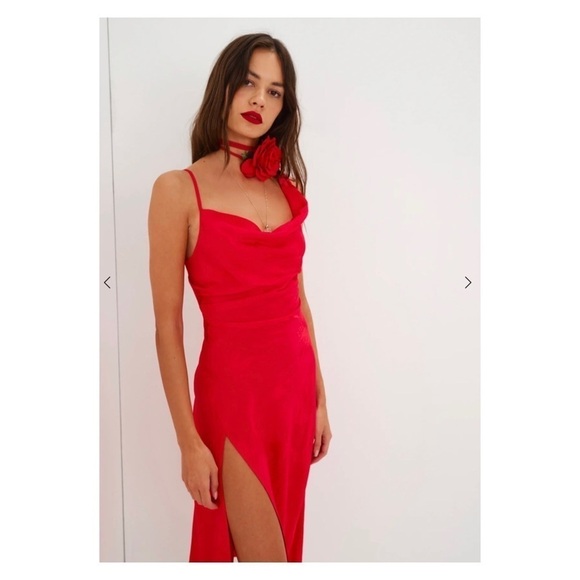NWT FOR LOVE AND LEMONS Ilana Red Asymmetric High Slit Midi Dress Small - Picture 4 of 16